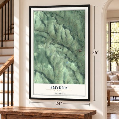 Smyrna, New York map, 24 x 36 inch print in a black frame by a staircase