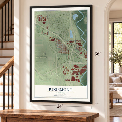 Rosemont, Illinois map, 24 x 36 inch print in a black frame by a staircase