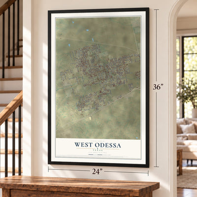 West Odessa, Texas map, 24 x 36 inch print in a black frame by a staircase