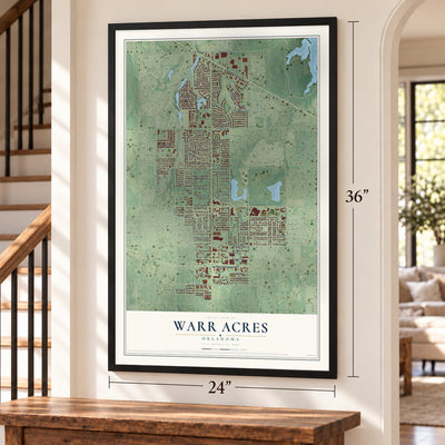 Warr Acres, Oklahoma map, 24 x 36 inch print in a black frame by a staircase