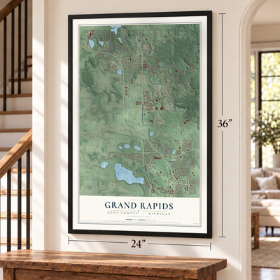 Grand Rapids, Kent County, Michigan map, 24 x 36 inch print in a black frame by a staircase