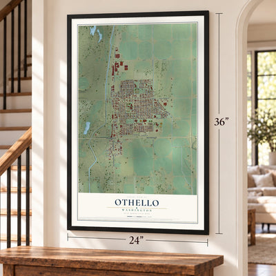 Othello, Washington map, 24 x 36 inch print in a black frame by a staircase