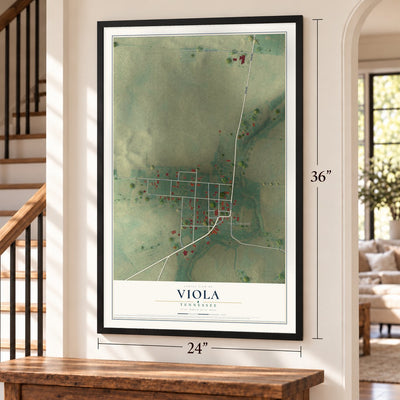 Viola, Tennessee map, 24 x 36 inch print in a black frame by a staircase