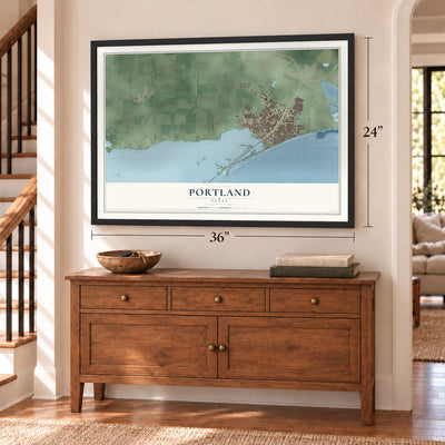 Portland, Texas map, 24 x 36 inch print in a black frame above a dresser by a staircase