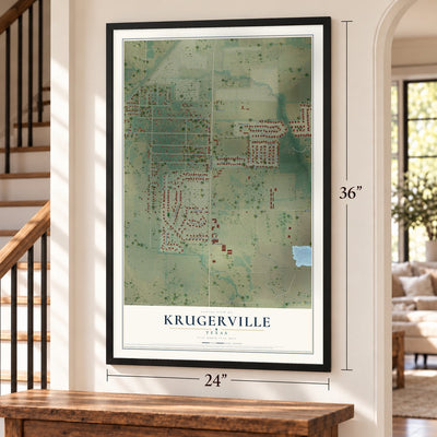 Krugerville, Texas map, 24 x 36 inch print in a black frame by a staircase