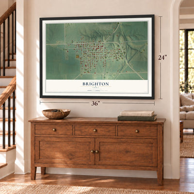 Brighton, Iowa map, 24 x 36 inch print in a black frame above a dresser by a staircase