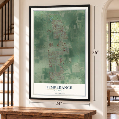 Temperance, Michigan map, 24 x 36 inch print in a black frame by a staircase