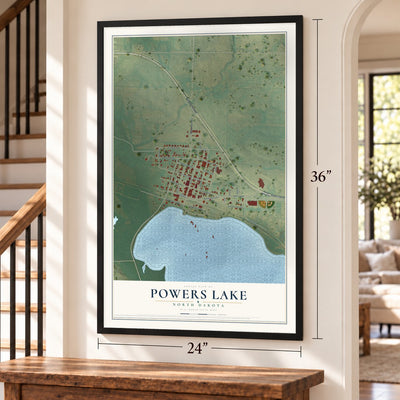 Powers Lake, North Dakota map, 24 x 36 inch print in a black frame by a staircase