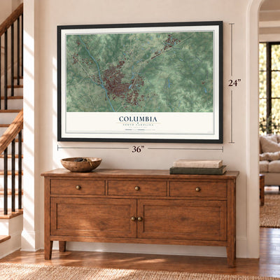 Columbia, South Carolina map, 24 x 36 inch print in a black frame above a dresser by a staircase
