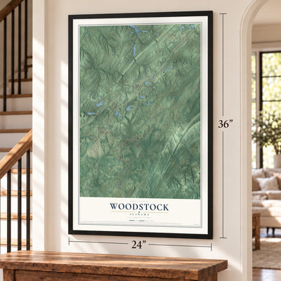 Woodstock, Alabama map, 24 x 36 inch print in a black frame by a staircase