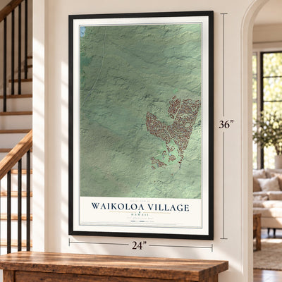 Waikoloa Village, Hawaii map, 24 x 36 inch print in a black frame by a staircase
