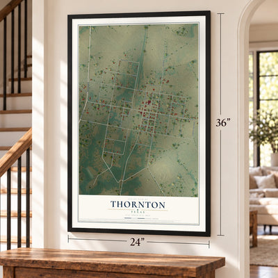 Thornton, Texas map, 24 x 36 inch print in a black frame by a staircase