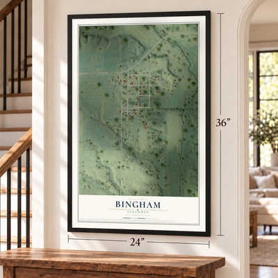 Bingham, Illinois map, 24 x 36 inch print in a black frame by a staircase