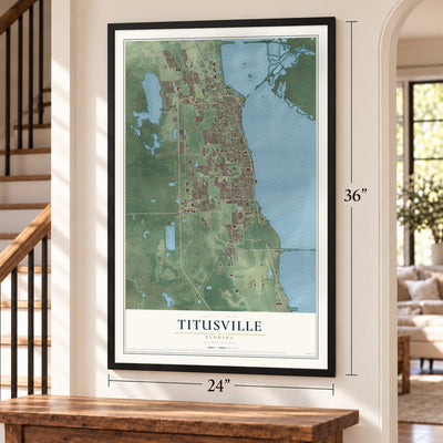 Titusville, Florida map, 24 x 36 inch print in a black frame by a staircase
