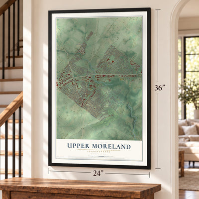 Upper Moreland, Pennsylvania map, 24 x 36 inch print in a black frame by a staircase