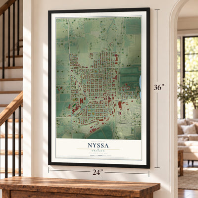 Nyssa, Oregon map, 24 x 36 inch print in a black frame by a staircase