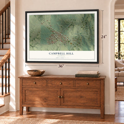 Campbell Hill, Illinois map, 24 x 36 inch print in a black frame above a dresser by a staircase