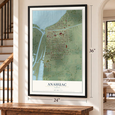 Anahuac, Texas map, 24 x 36 inch print in a black frame by a staircase