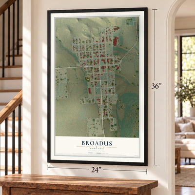 Broadus, Montana map, 24 x 36 inch print in a black frame by a staircase