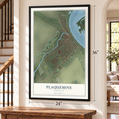Plaquemine, Louisiana map, 24 x 36 inch print in a black frame by a staircase