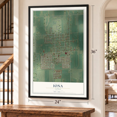 Iona, Idaho map, 24 x 36 inch print in a black frame by a staircase