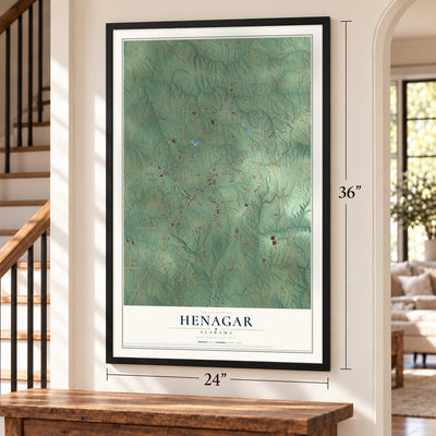 Henagar, Alabama map, 24 x 36 inch print in a black frame by a staircase