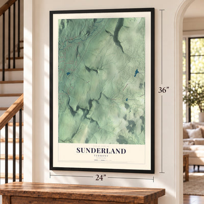 Sunderland, Vermont map, 24 x 36 inch print in a black frame by a staircase