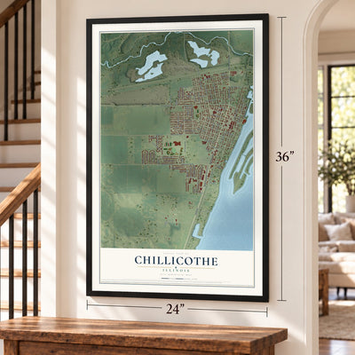 Chillicothe, Illinois map, 24 x 36 inch print in a black frame by a staircase