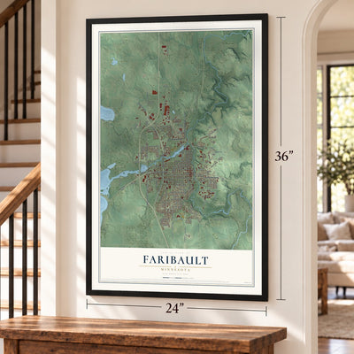 Faribault, Minnesota map, 24 x 36 inch print in a black frame by a staircase