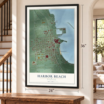 Harbor Beach, Michigan map, 24 x 36 inch print in a black frame by a staircase
