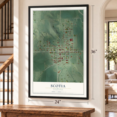 Scotia, Nebraska map, 24 x 36 inch print in a black frame by a staircase
