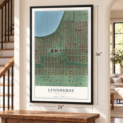 Lynnhurst, Minnesota map, 24 x 36 inch print in a black frame by a staircase