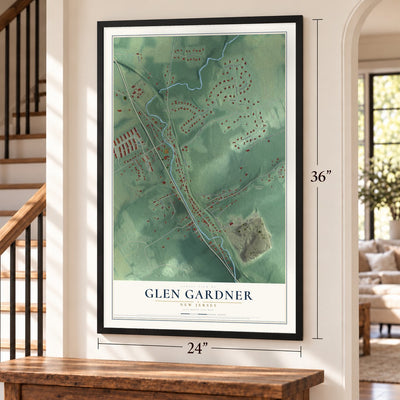 Glen Gardner, New Jersey map, 24 x 36 inch print in a black frame by a staircase