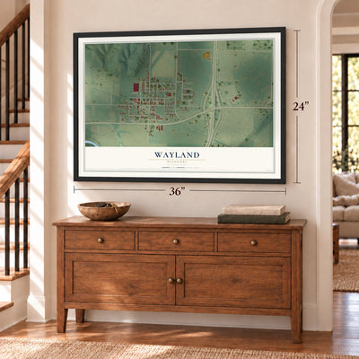 Wayland, Missouri map, 24 x 36 inch print in a black frame above a dresser by a staircase