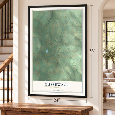 Cussewago, Pennsylvania map, 24 x 36 inch print in a black frame by a staircase