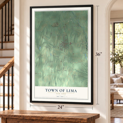 Town of Lima, New York map, 24 x 36 inch print in a black frame by a staircase