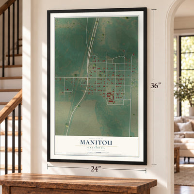Manitou, Oklahoma map, 24 x 36 inch print in a black frame by a staircase