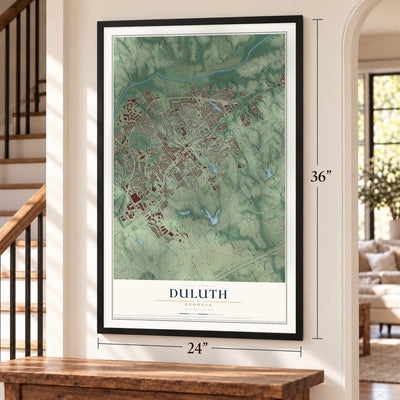Duluth, Georgia map, 24 x 36 inch print in a black frame by a staircase