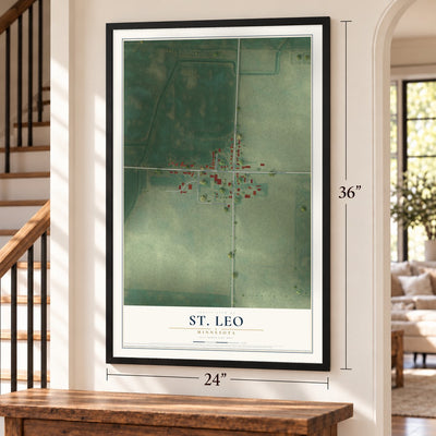 St. Leo, Minnesota map, 24 x 36 inch print in a black frame by a staircase