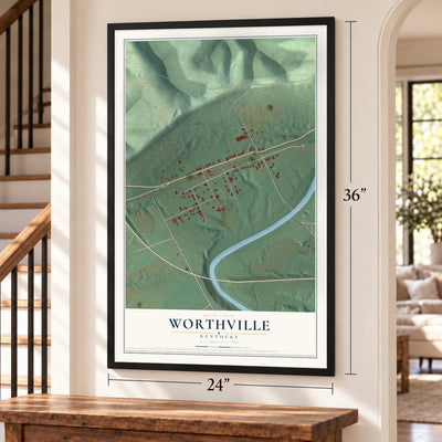 Worthville, Kentucky map, 24 x 36 inch print in a black frame by a staircase