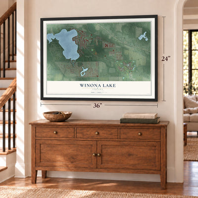 Winona Lake, Indiana map, 24 x 36 inch print in a black frame above a dresser by a staircase