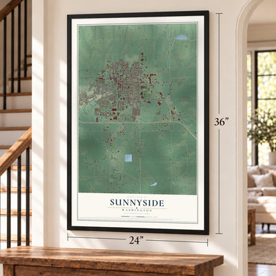 Sunnyside, Washington map, 24 x 36 inch print in a black frame by a staircase