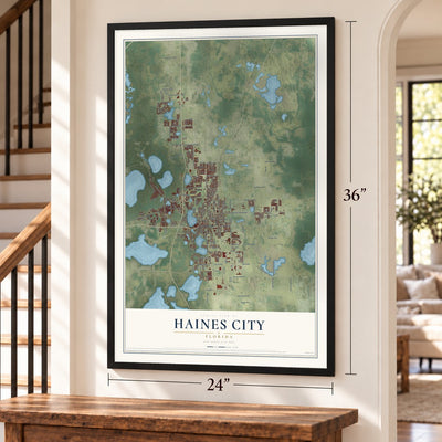 Haines City, Florida map, 24 x 36 inch print in a black frame by a staircase