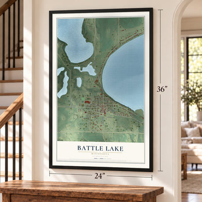 Battle Lake, Minnesota map, 24 x 36 inch print in a black frame by a staircase