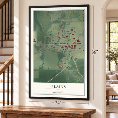 Plains, Georgia map, 24 x 36 inch print in a black frame by a staircase