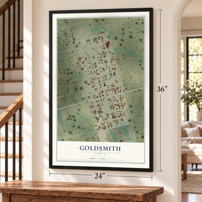 Goldsmith, Texas map, 24 x 36 inch print in a black frame by a staircase