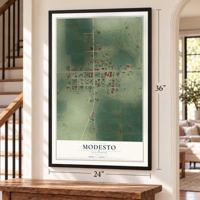 Modesto, Illinois map, 24 x 36 inch print in a black frame by a staircase
