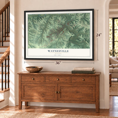 Waynesville, Missouri map, 24 x 36 inch print in a black frame above a dresser by a staircase