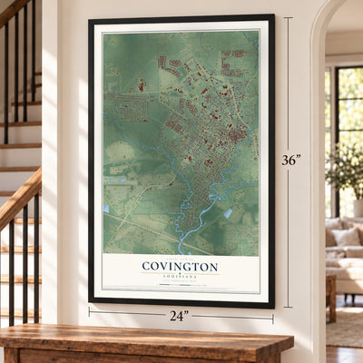 Covington, Louisiana map, 24 x 36 inch print in a black frame by a staircase