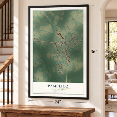 Pamplico, South Carolina map, 24 x 36 inch print in a black frame by a staircase